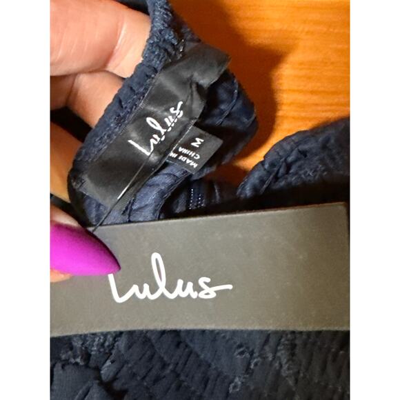 NWT Lulus Cutest Icon Navy Embroidered Off-the-Shoulder Mini Dress Cottage Sz M - Picture 7 of 8